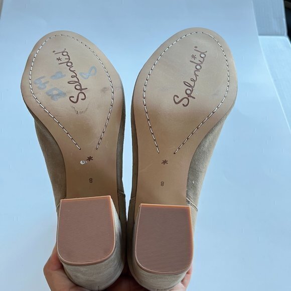 NEW‎ SPLENDID Rayna Suede Peep Toe Camel Bootie Ankle Boots Heeled Womens - Picture 9 of 9